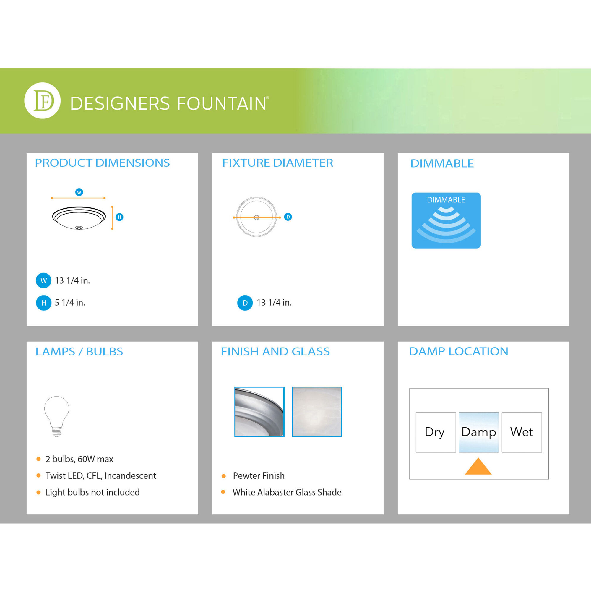 Decorative 2 Light 13 inch Pewter Flushmount Ceiling Light in White Alabaster, Medium